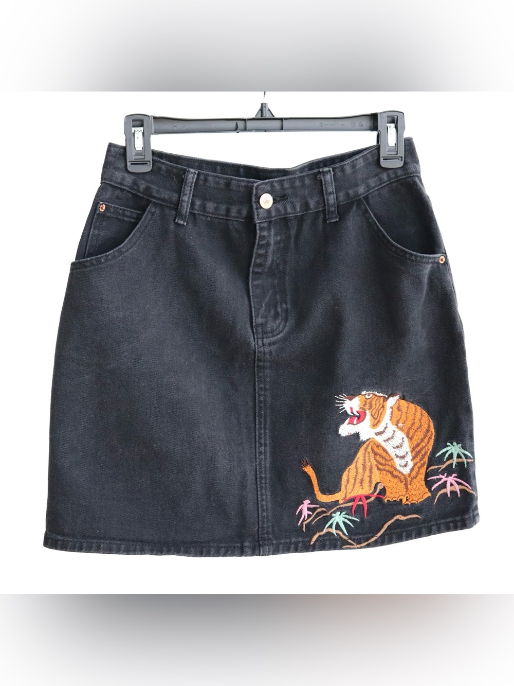 Pixie + Diamond Black Denim Mini Skirt with Embroidered Tiger - Women’s Size M